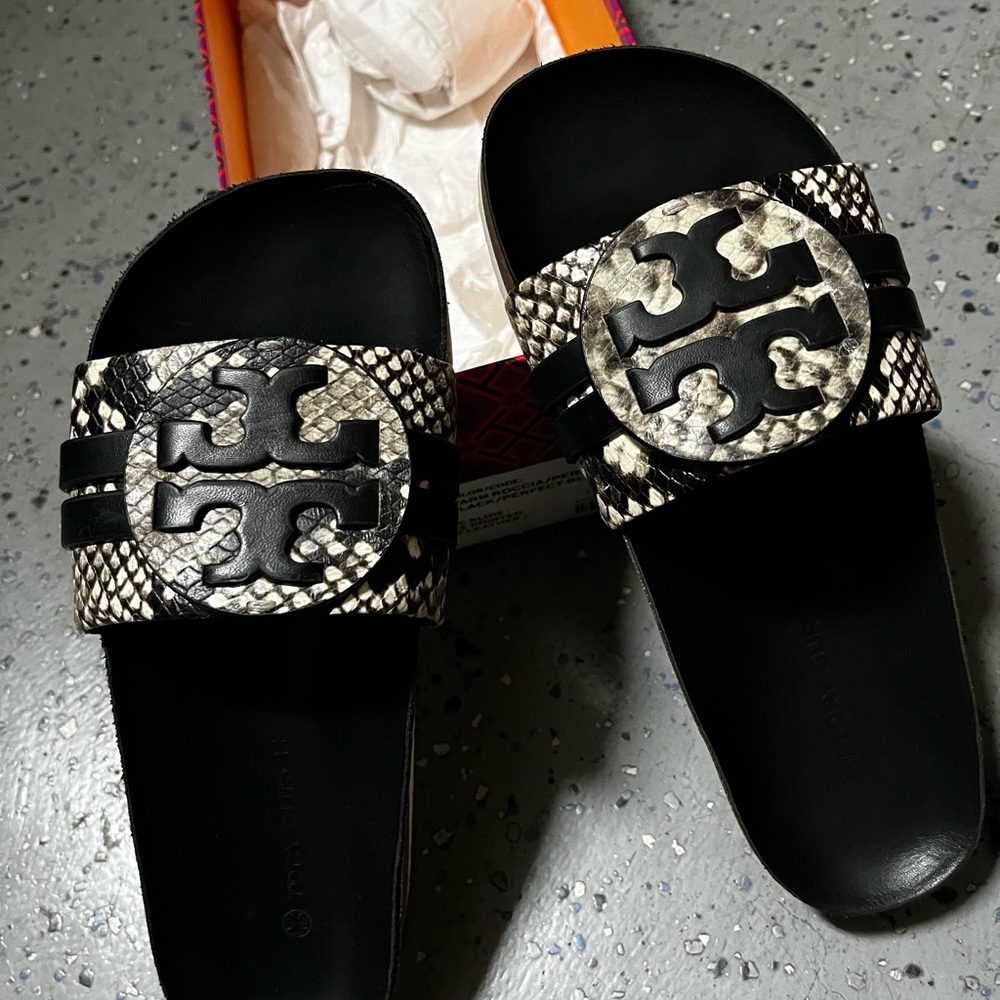 Tory Burch Black and Tan Slide Sandals 6